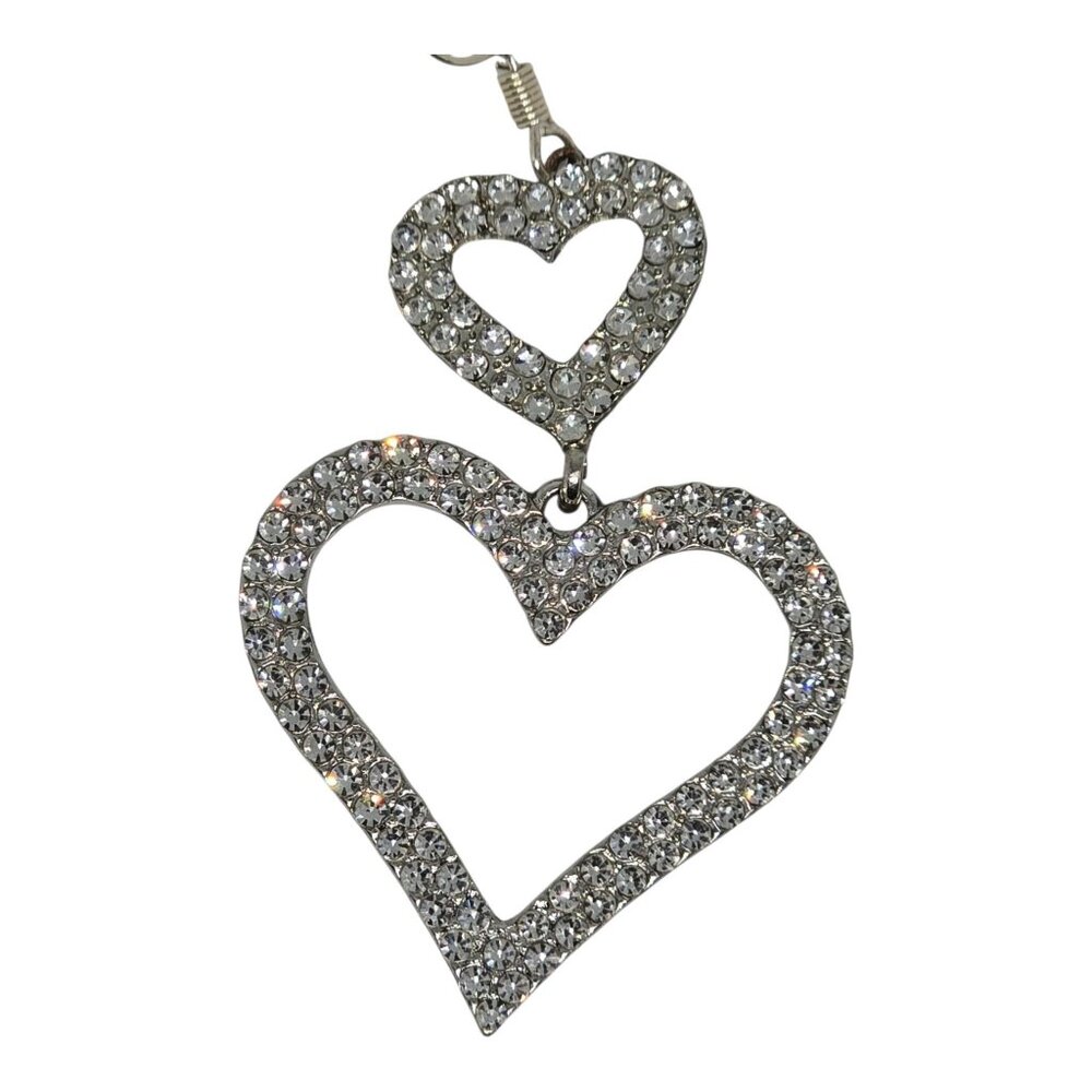 Sparkling Crystal Double Heart Drop Earrings Vintage Style Silver-Tone Openwork - Picture 2 of 6